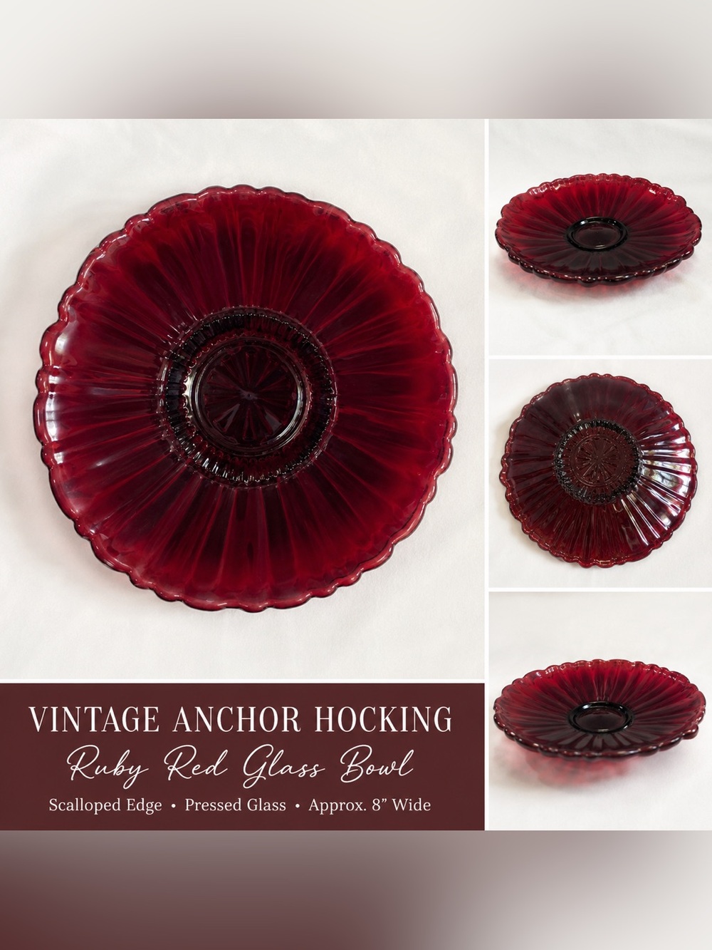 Vintage Anchor Hocking Ruby Red Glass Bowl | Scalloped Serving Dish Depression